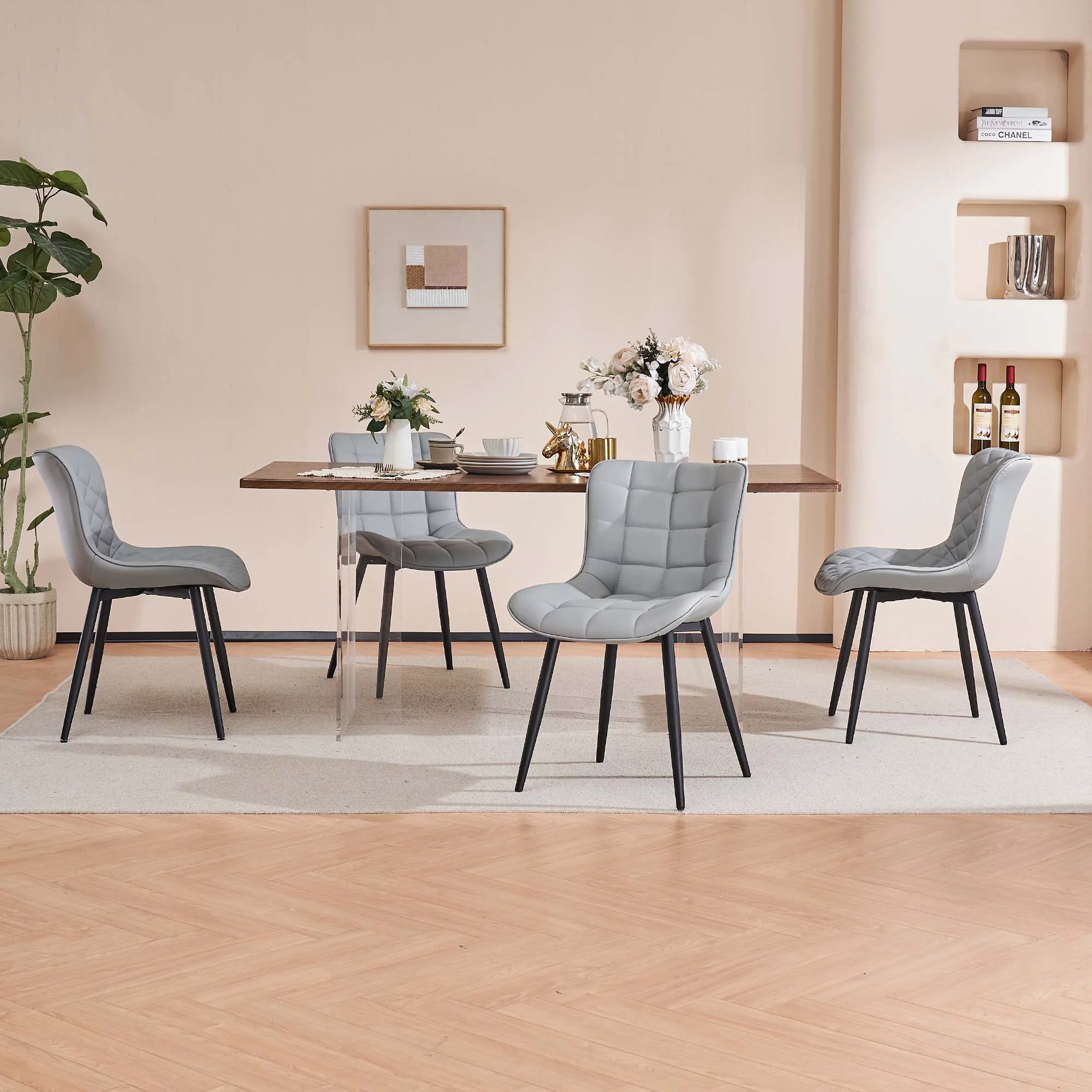 YOUNIKE Dining Chairs Set of 2 PU Leather Diamond Grid Upholstered Modern Dining Room Side Chair, Gray
