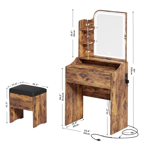 LIKIMIO Small Makeup Vanity Desk with Mirror and Lights, Vanity Table Set with Storage Drawer, Chair and Three Shelves, Bedroom, White