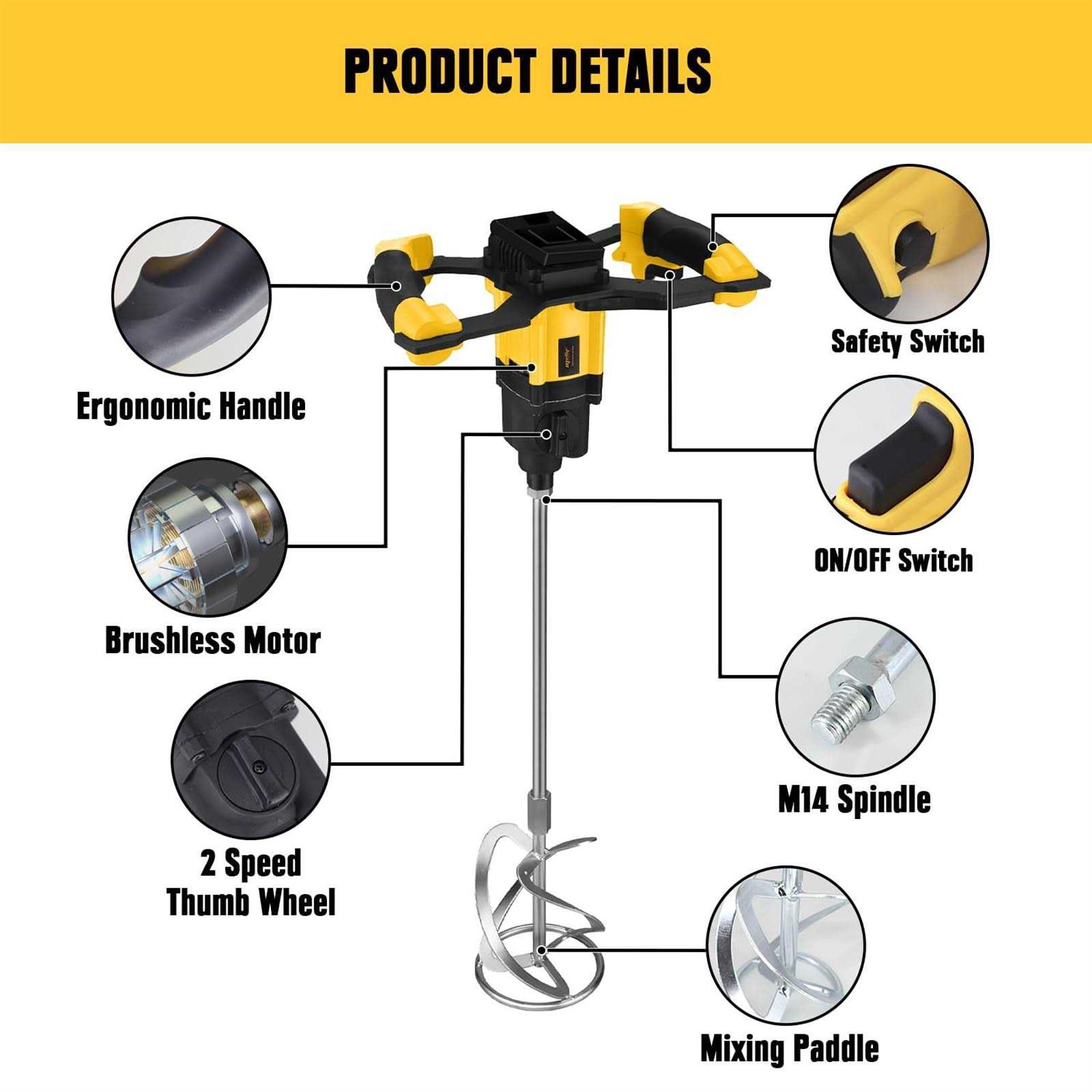 Cordless Mud Mixer for Dewalt 20V Max Battery Concrete Mixer Portable Brushless Cement Mixer Handheld Electric Mortar Mixer for Mixing Mud