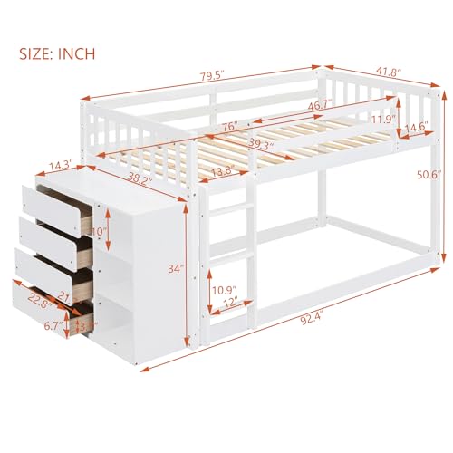 Ball & Cast Full Over Full Bunk Bed with Twin Size Trundle and Built in 4 Drawer,Wood Bunkbed w/Storage Ladder & Slat Support