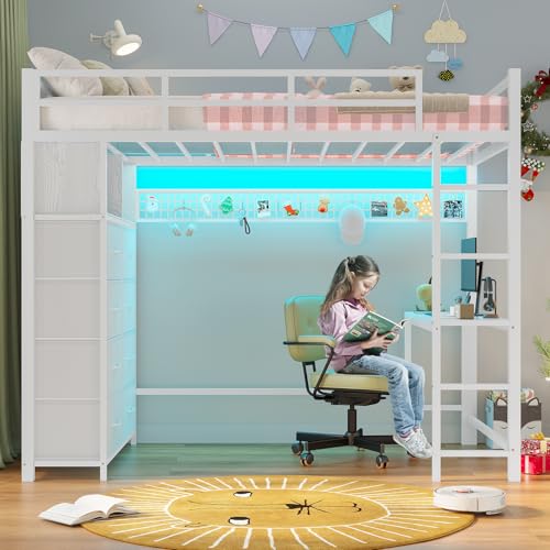 ADORNEVE Twin Size Loft Bed with Desk and 8 Storage Drawers, Metal Kids Loft Bed Twin with LED Lights & Charging Sation, Storage Shelves