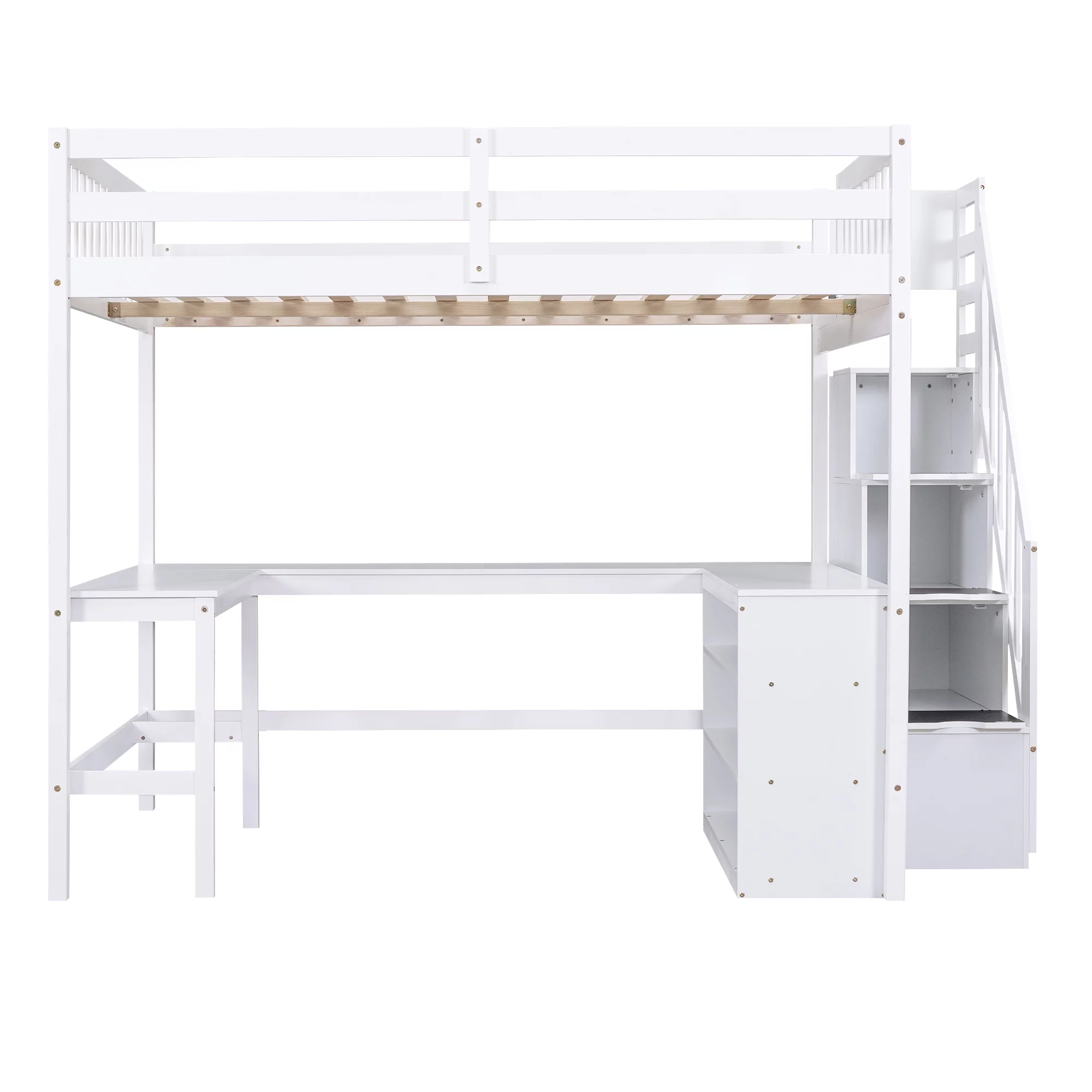 EUROCO Wood Full Size Loft Bed with Desk, Shelf and Storage Staircase for Kids Teens Adults, Built-in Desk with Bookscase for Working Station
