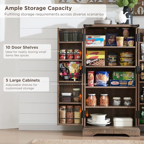72" Tall Kitchen Pantry, Farmhouse Storage Cabinet with Barn Doors, Organizer, Drawer and Adjustable Shelves, Rustic Wood Cupboard for Kitchen