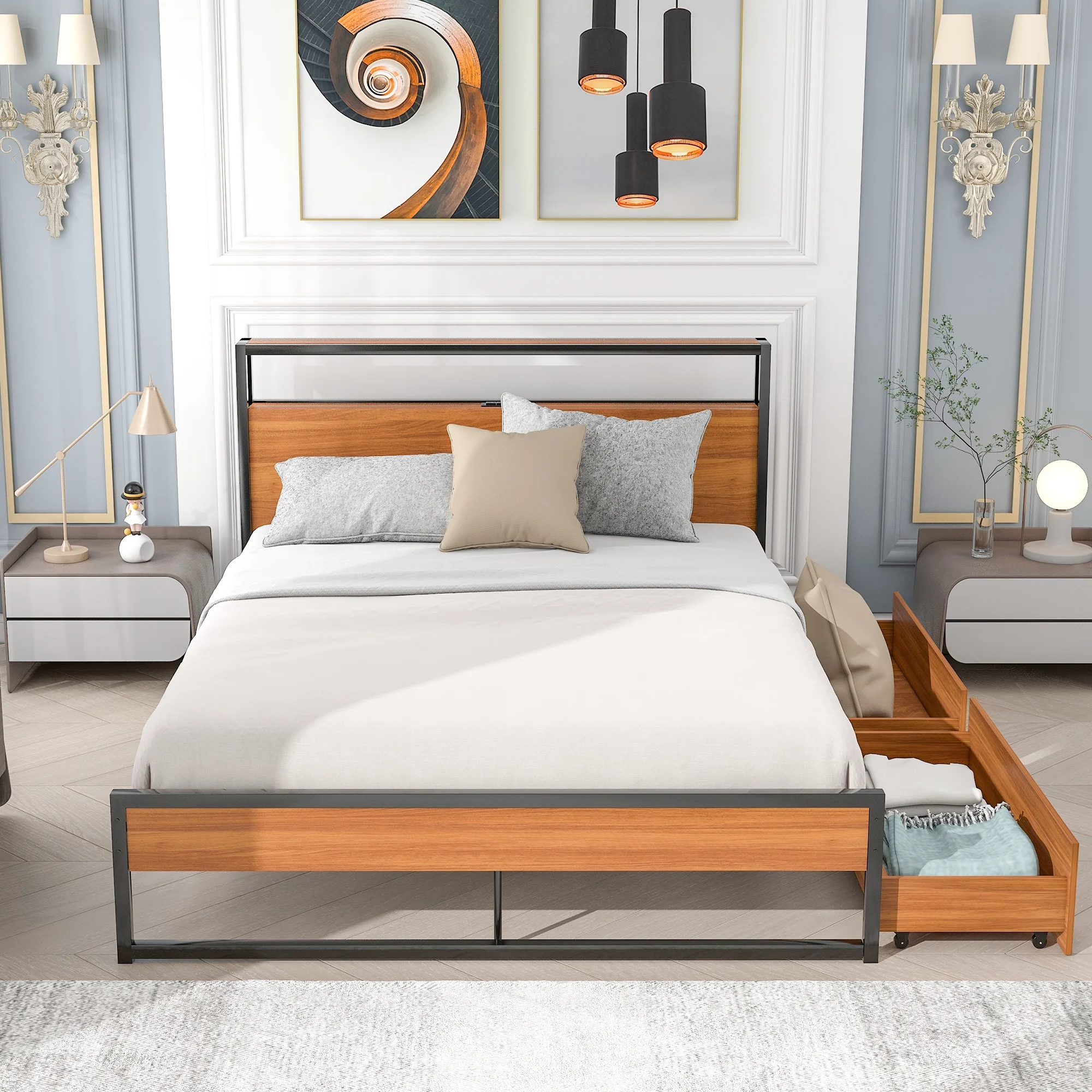 BTMWAY Metal Queen Bed Frame, Queen Size Platform Bed Frames with Wood Headboard, 2 Drawers, Sockets and USB Ports for Bedroom, No Box Spring Needed