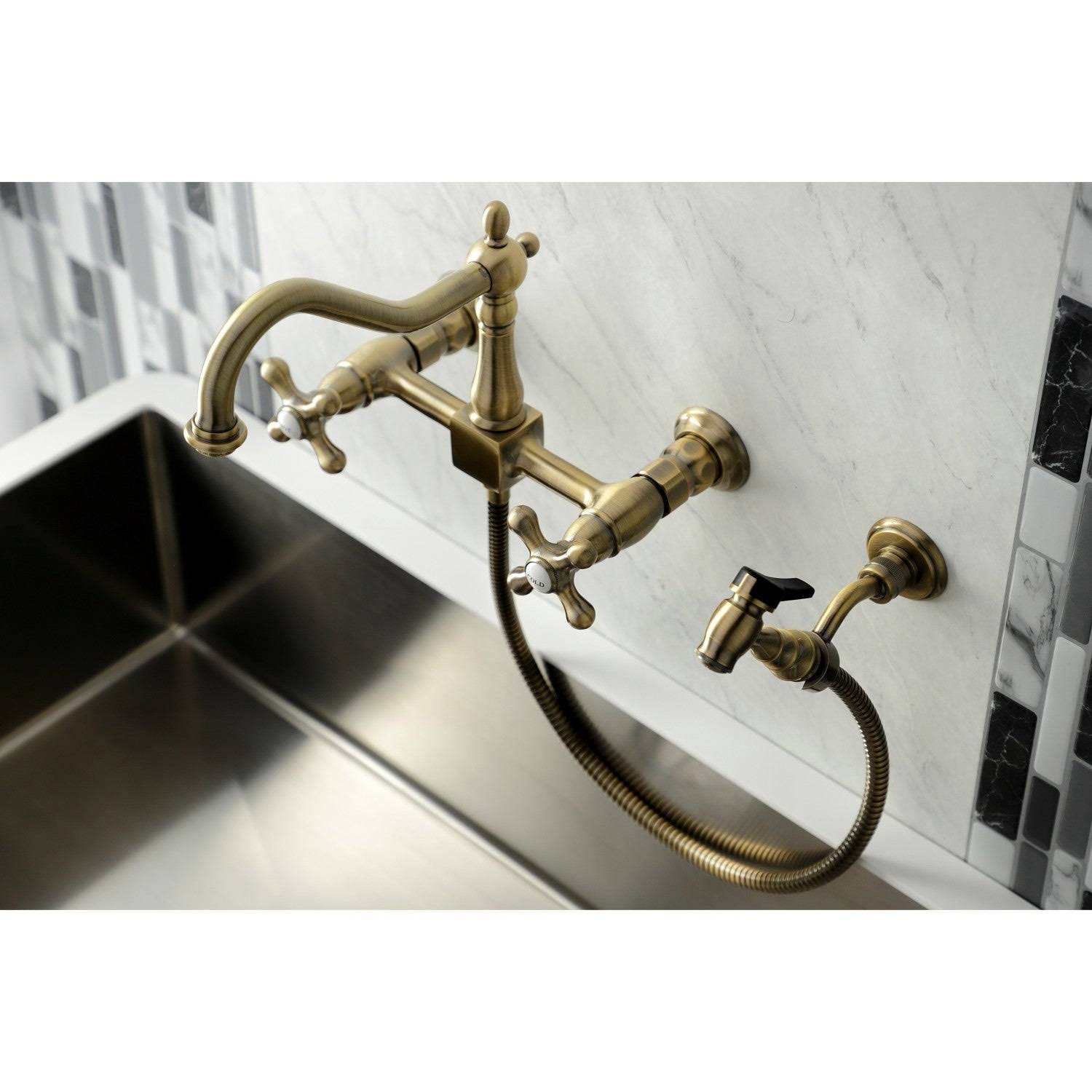 Heritage Two-Handle Wall Mount Bridge Kitchen Faucet with Brass Sprayer - Antique Copper