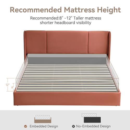VELOCAVA Queen Size Lift Up Storage Bed with Modern Wingback Headboard, Upholstered Platform Bed with Fabric with Hydraulic Support Bars