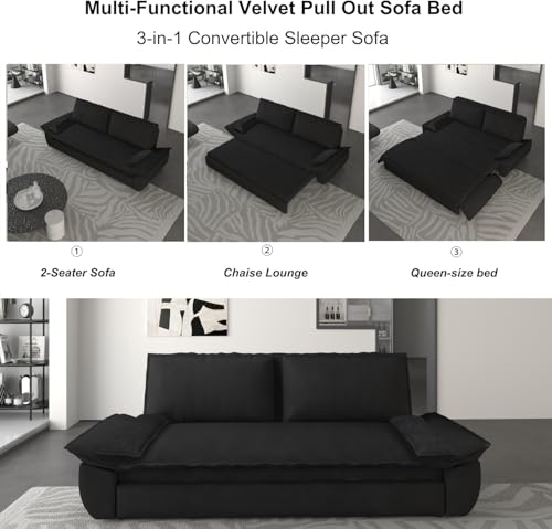 70.1" Futon Sofa Bed Queen Size, Pull Out Bed, 3-in-1 Convertible Sleeper Sofa with 2 Soft Pillows, Modern Velvet Futon Couch for Living Room