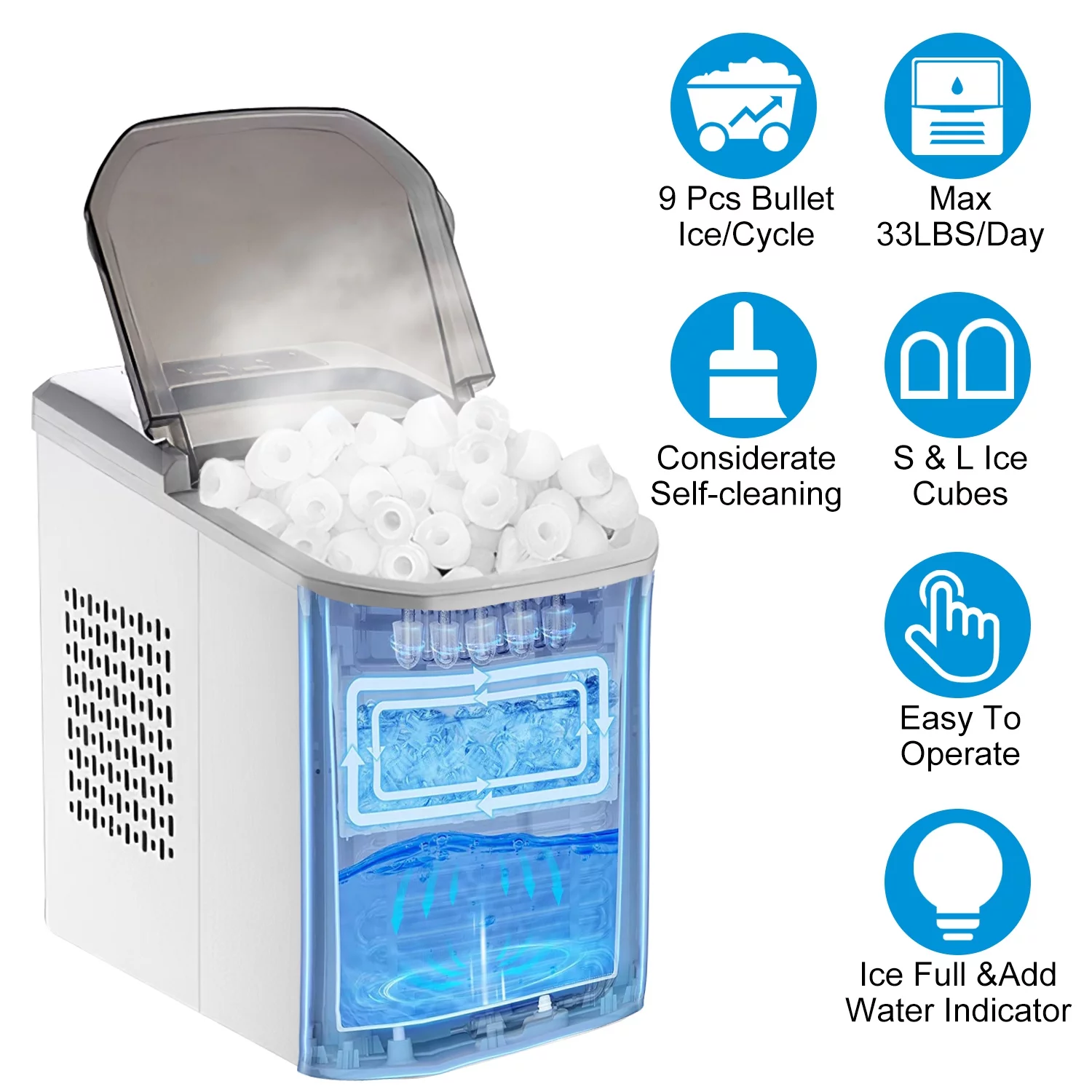 Countertop Ice Maker, Max 33Lbs/24H, 9 Bullet-Shaped Ice Cubes Ready in 6 Mins