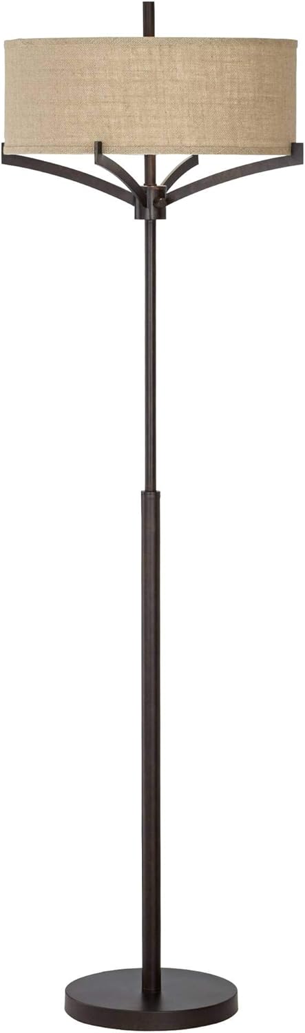 Franklin Iron Works Tremont Modern Mid Century Floor Lamp Standing 62" Tall Deep Bronze Metal Tan Burlap Drum Shade for Living Room Reading Bedroom