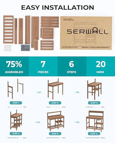 SERWALL Potting Bench Outdoor Potting Table with Sink, HDPE Potting Benches for Outside Gardening Table All Weather Use- Black