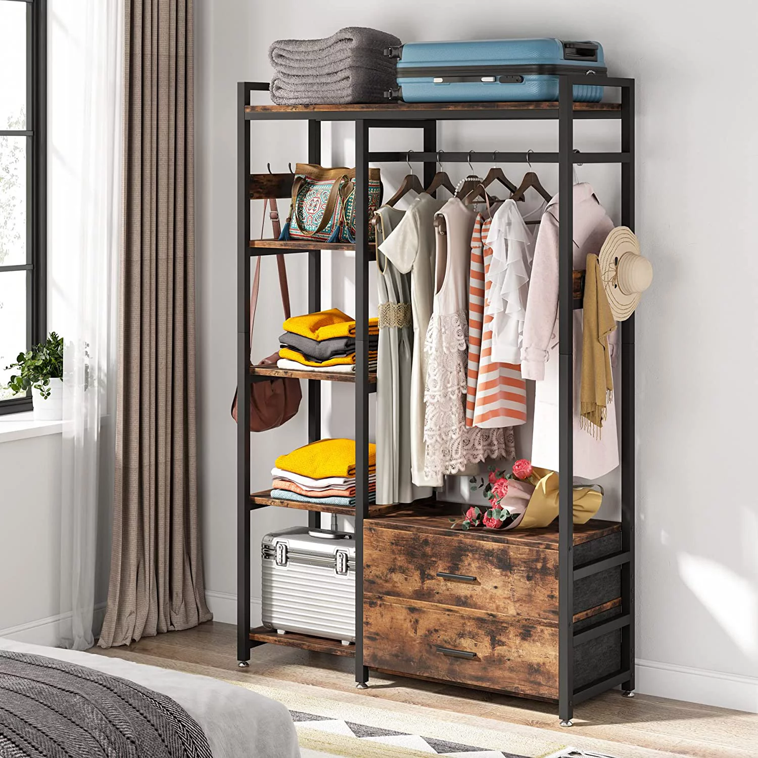 Tribesigns Freestanding Closet Organizer, Clothes Rack with Drawers and Shelves