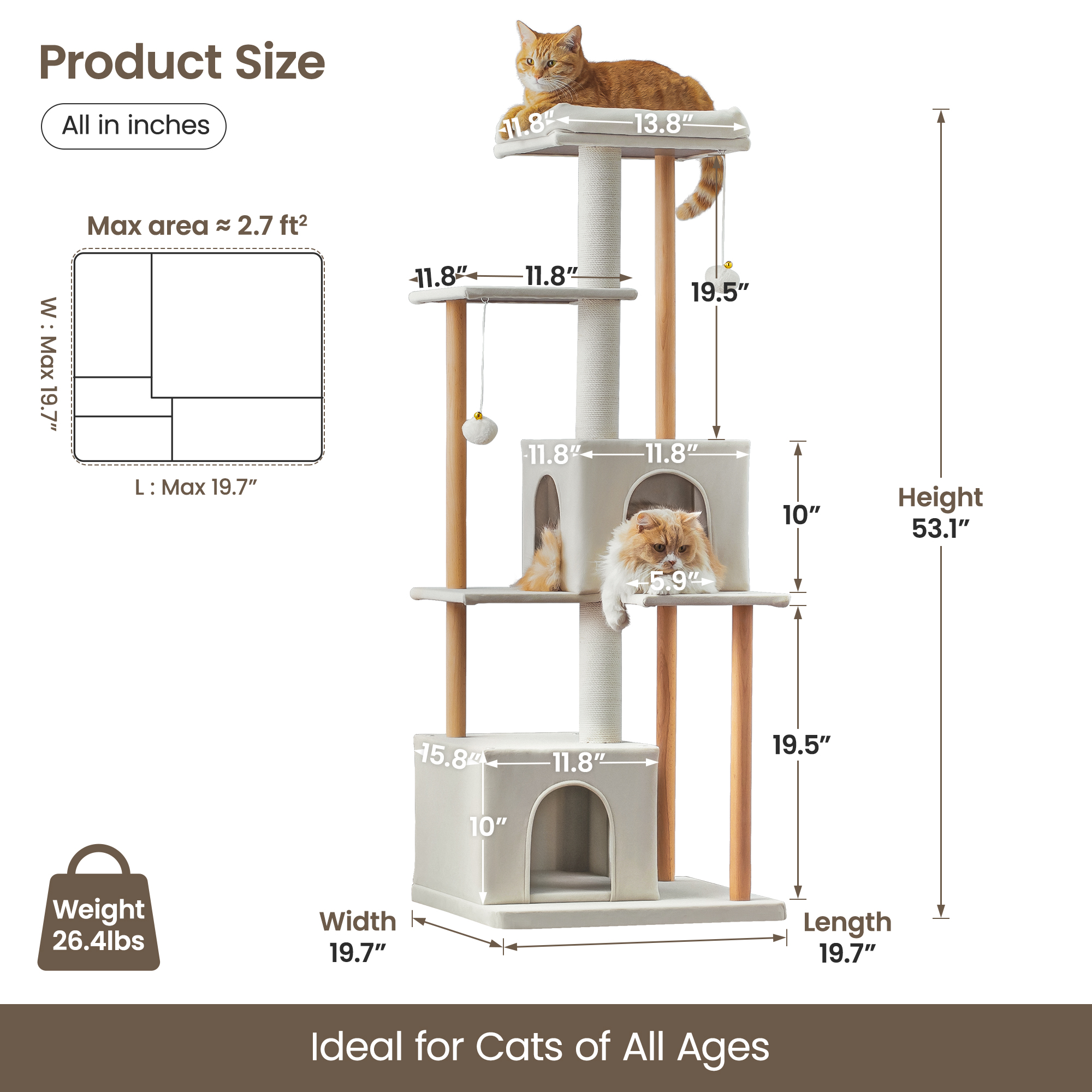 MWPO Modern Cat Tree Multi-Level Wood Cat Tower with 2 Condos and Perch, Beige