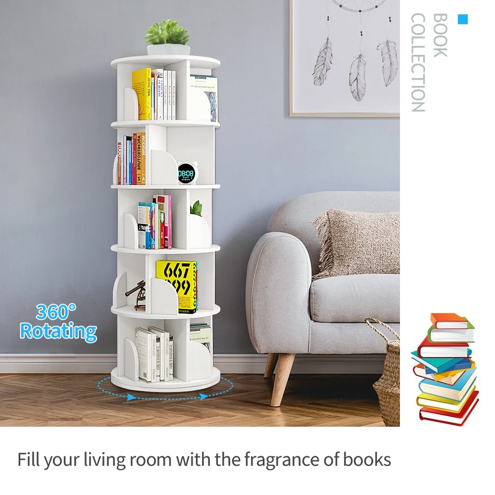 bimiti 5 Tier Rotating Bookshelf, 360° Revolving Bookcase 20 Shelves Floor-Standing Storage Display Rack - White 63"x18"x18"