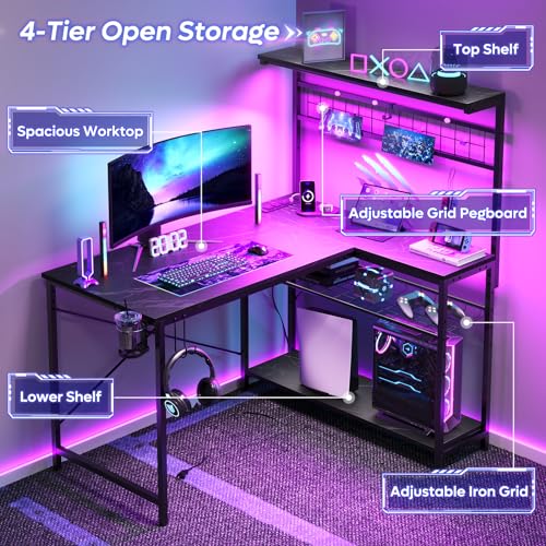 Bestier 42 L Gaming Desk,Computer Desk with Power Outlets, LED Lights, Reversible Corner Desk with 4-Tier Shelves,Cup Holder & Hook Carbon Fiber Black