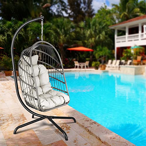 Chihee Egg Chair Foldable Wicker Rattan Hanging Chair Swing Chair Indoor Outdoor Patio Wicker Chair Hammock Chair with Stainless Steel Hanging Kit