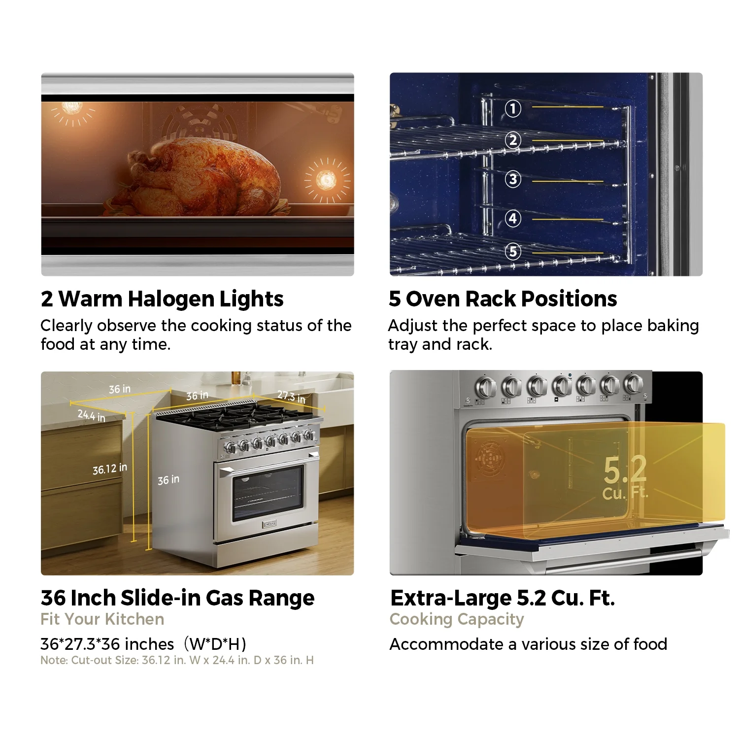Empava 36 in. 5.2 cu. ft. Pro-Style Slide-In Single Oven Gas Range with 6 Sealed Ultra High-Low Burners