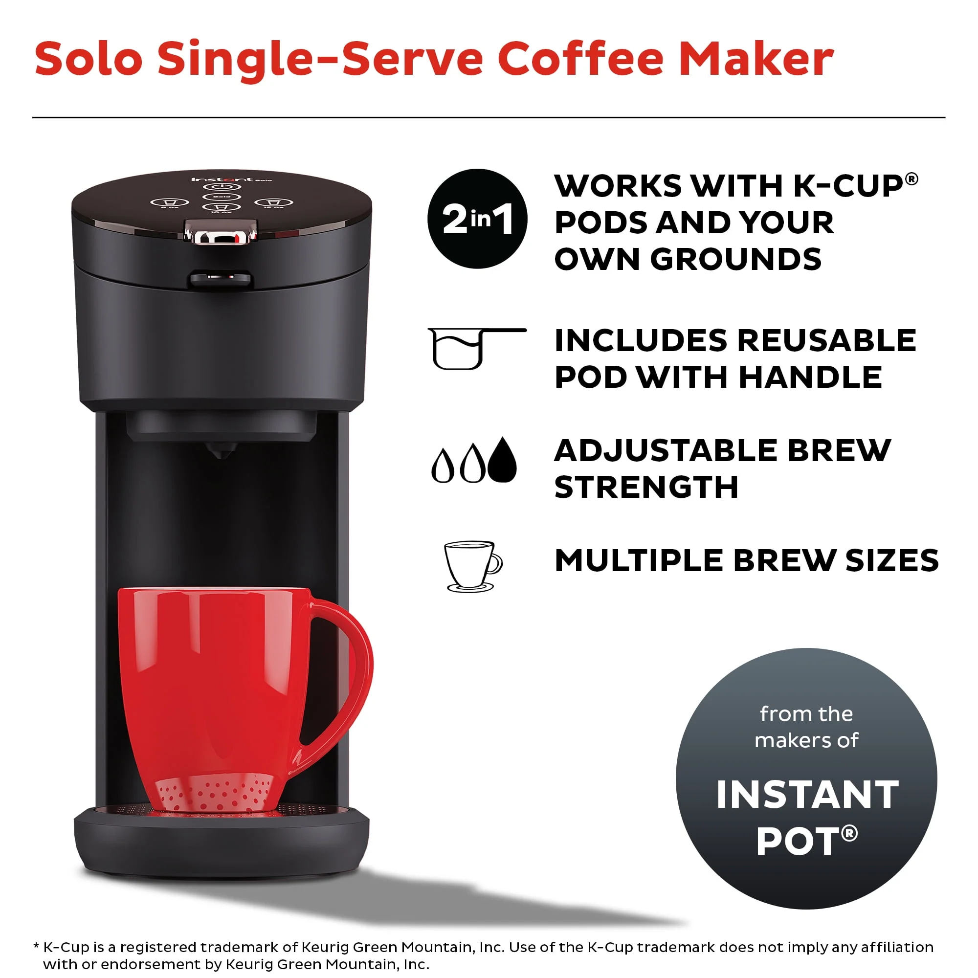 Instant Solo 2-in-1 Single Serve Coffee Maker for Ground Coffee or K-Cup Pods with 3 Brew Sizes, Maroon Red