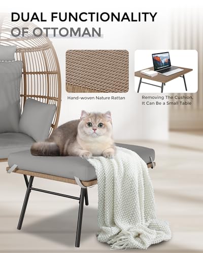 Oversize Wicker Egg Chair with 4 Comfy Cushions, Big Egg Shaped Lounger with Ottoman, Rattan Reading Chairs for Indoor Outdoor Patio Porch Backyard