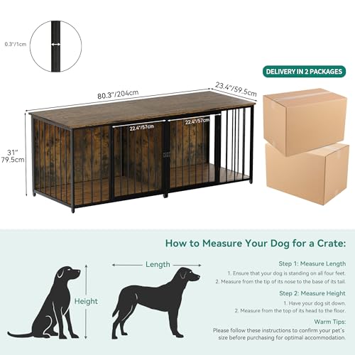 DWVO Double Dog Kennel Furniture, 80.2" Dog Cage Furniture with Divider, Double Dog Crate TV Stand for 2 Medium Dogs, Black