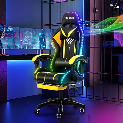 HOFFREE RGB Gaming Chair with Speakers Massage Computer Gaming Chair with LED Lights and Footrest High Back Video Game Chair for Adults Blue and Black