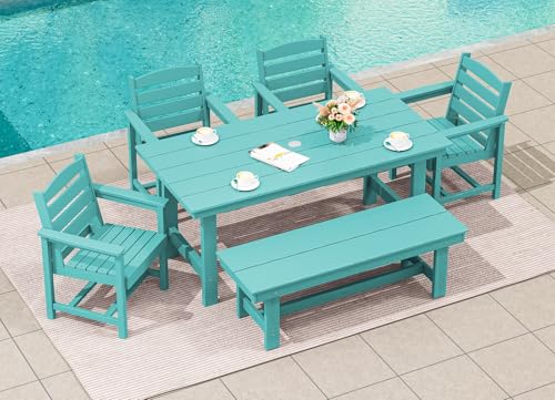 SERWALL Outdoor HDPE Dining Table Set, 7-Piece Outdoor Dining Table Sets with Umbrella Hole Cut-Out Table and 6 Chairs, Gray