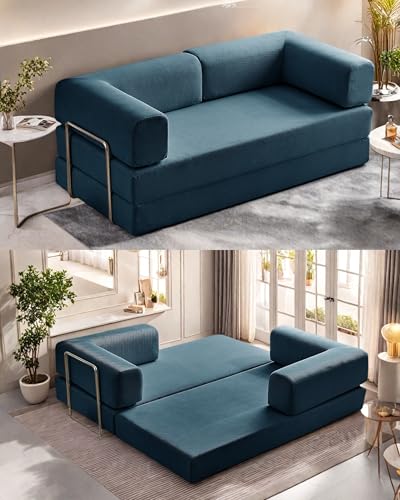 Convertible Floor Sofa Bed, Foldable Mattress Cloud Couch with Pillow Back & Armrest, Chenille Sleeper Sofa Bed with Fixed-Shape Frame