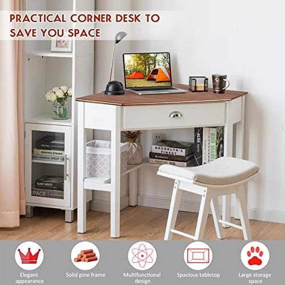 YPDCHB Corner Desk  Corner Computer Desk with Drawer for Small Space  Small Corner  Vanity Desk  90 Degrees Triangle Corner Desk with  Shelves