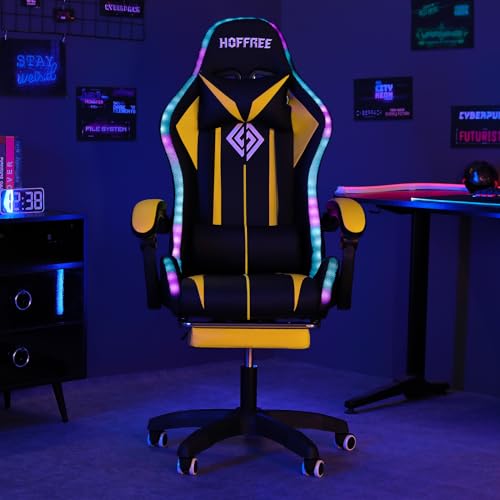 HOFFREE RGB Gaming Chair with Speakers Massage Computer Gaming Chair with LED Lights and Footrest High Back Video Game Chair for Adults Blue and Black