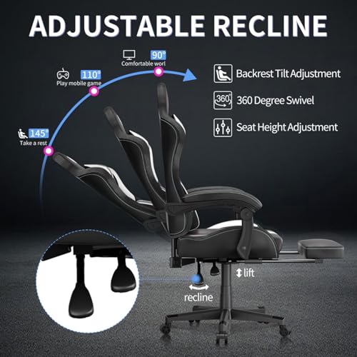 Gaming Chairs for Adults Tall and Kids，Lumbar Support,LED Lights，High Back Reclining Computer Chair with Headrest (Black+Blue)