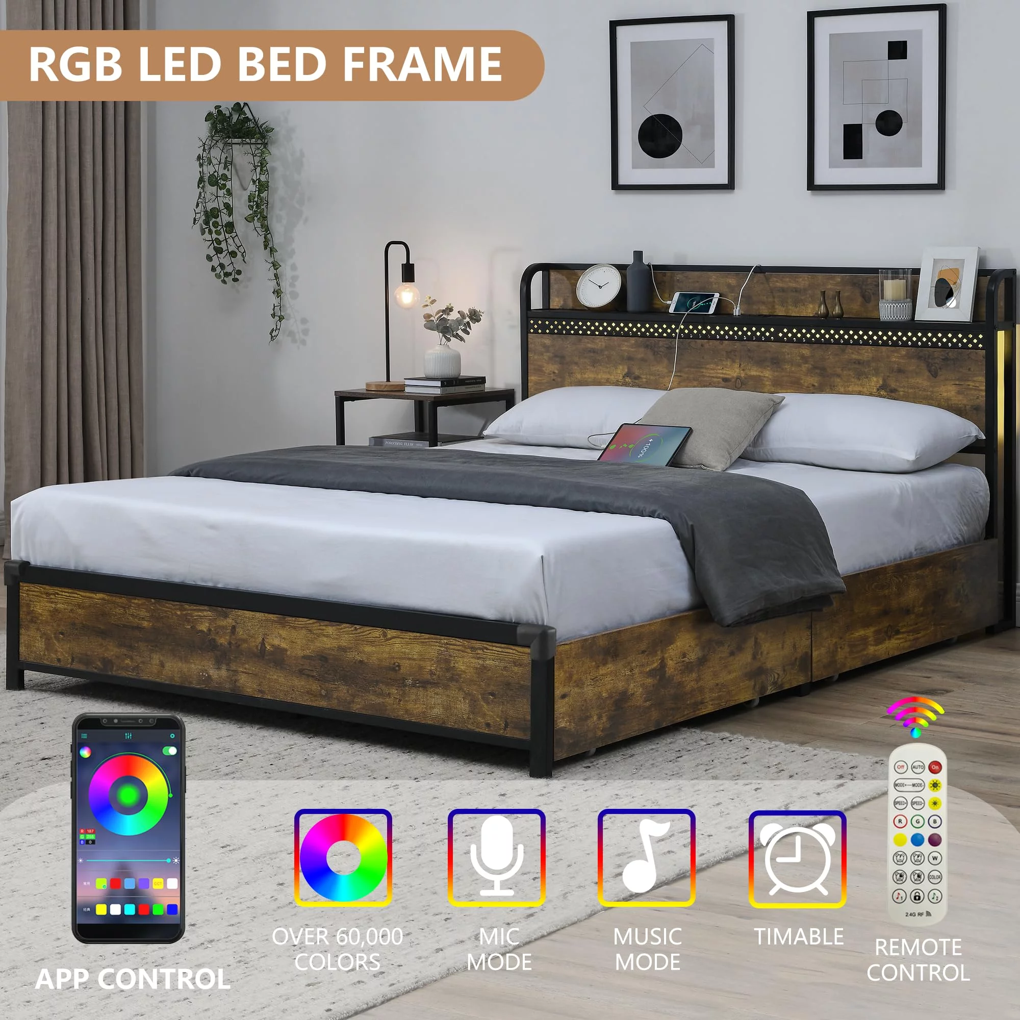 King Size Bed Frame with 4 Storage Drawers, LED Bed Frame with Charging Station, Metal Platform Bed King with Headboard & LED Lights