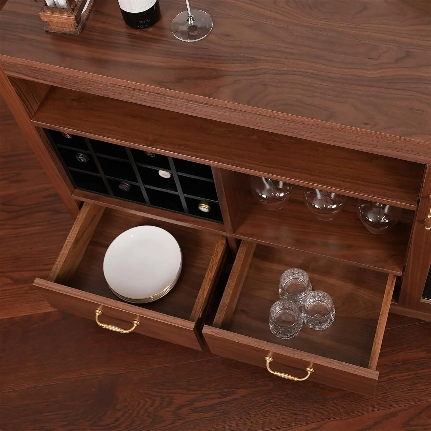 CONSDAN Bar Cabinet with Storage and Large Drawer, Solid Walnut Hardwood Structure Sideboard, Buffet Cabinet with Wine and Glass Rack