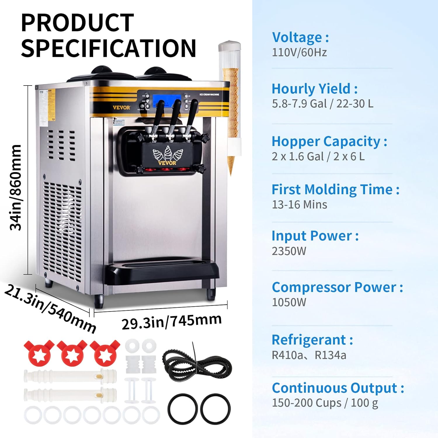 VEVOR Commercial Ice Cream Maker, 22-30L/H Yield, 2350W Countertop Soft Serve Machine with 2x6L Hopper 2L Cylinder LCD Panel Puffing Shortage Alarm