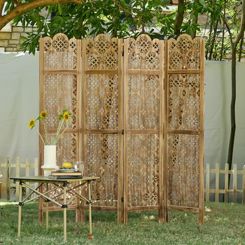 68.9Inch Folding Room Divider, 4 Panels Wood Carved Privacy Screens - Ideal Decorative Partition for Home, Office, Restaurant, Bedroom (Dark Brown)