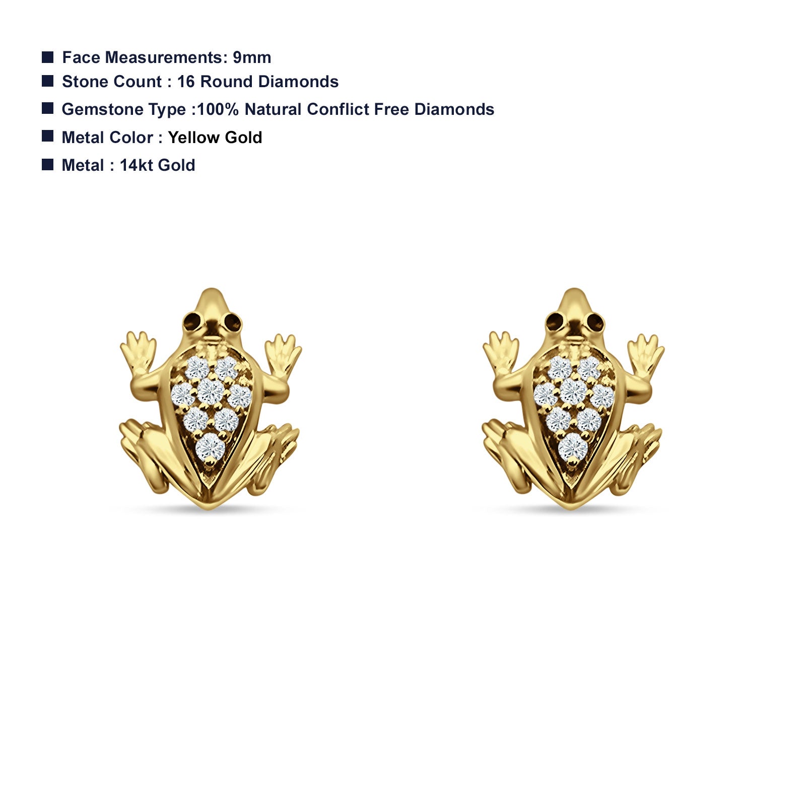 14K Yellow Gold Dainty Cute Animal Jewelry Diamond 0.08ct Frog Stud Earrings
