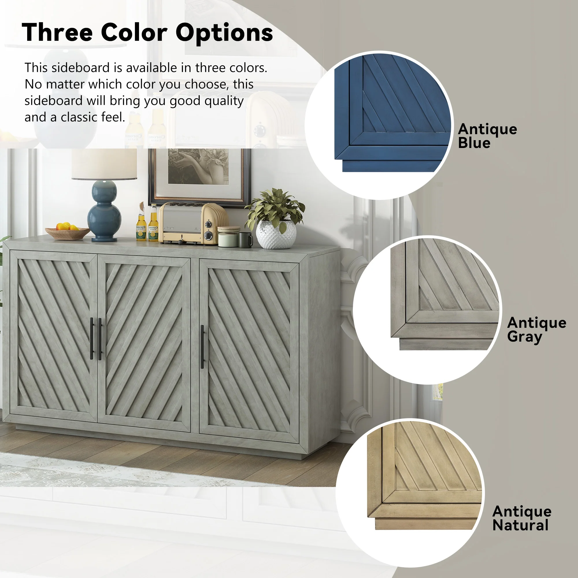 Churanty 3 Doors Large Storage Vintage Sideboard Cabinet, 60'' Retro Sideboard with Adjustable Shelves