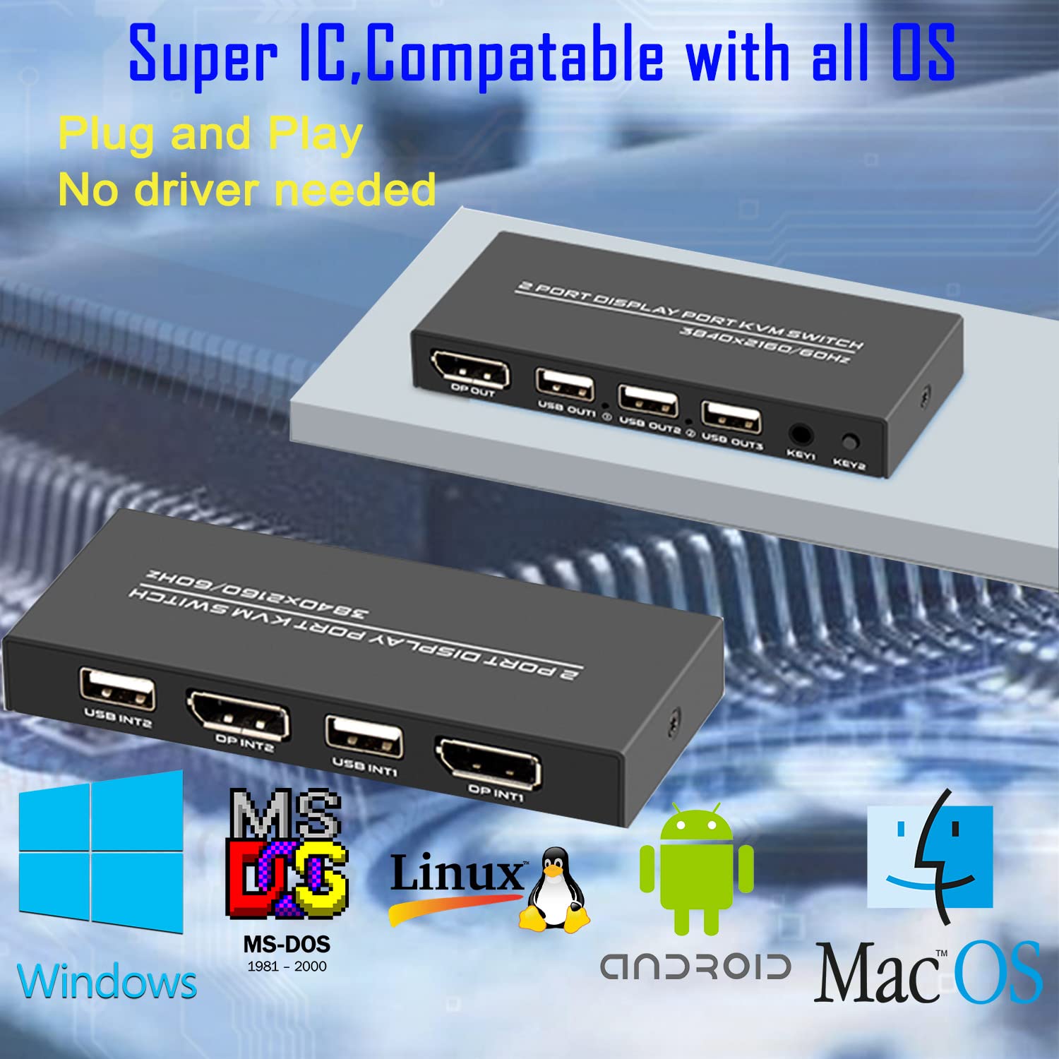 KVM Switch DisplayPort 2 Port, DP KVM Switch, Two Computers One Monitor Switch to Share Mouse, Keyboard, Printer, USB Ports and Ultra HD Monitor