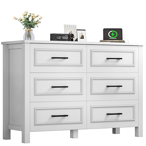 YITAHOME 6-Drawer Dresser with Built-in Power Outlet, Wood Dresser TV Stand with 6 Large Drawers and Bar Handles