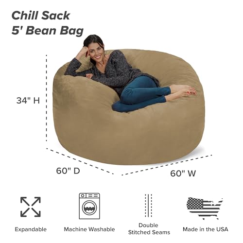 Chill Sack Bean Bag Chair - 5' Giant Memory Foam Lounge Chair with Soft Microfiber Cover – Cozy Furniture for Living Room, Dorm