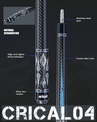 CRICAL Carbon Fiber Pool Cue Stick 58" Billiard Cue Sticks Professional Low Deflection Pool Sticks with 3/8 * 8 Pin Joint and 12.5mm Tip