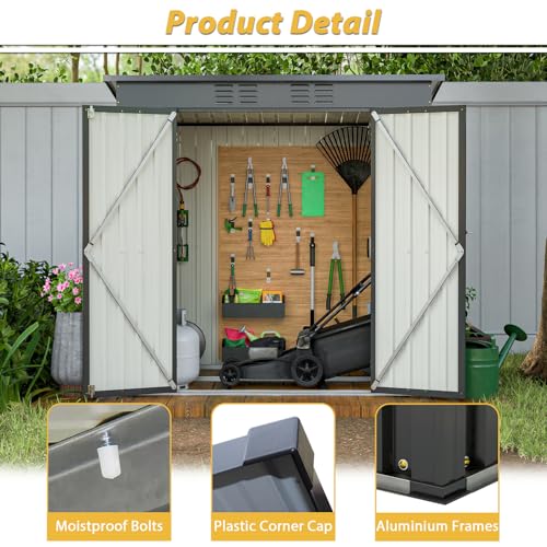 6x4 ft Small Outdoor Metal Storage Shed with Floor Frame & Lockable Door, Heightened Entry Garden Tool Shed for Backyard, Durable Galvanized Steel