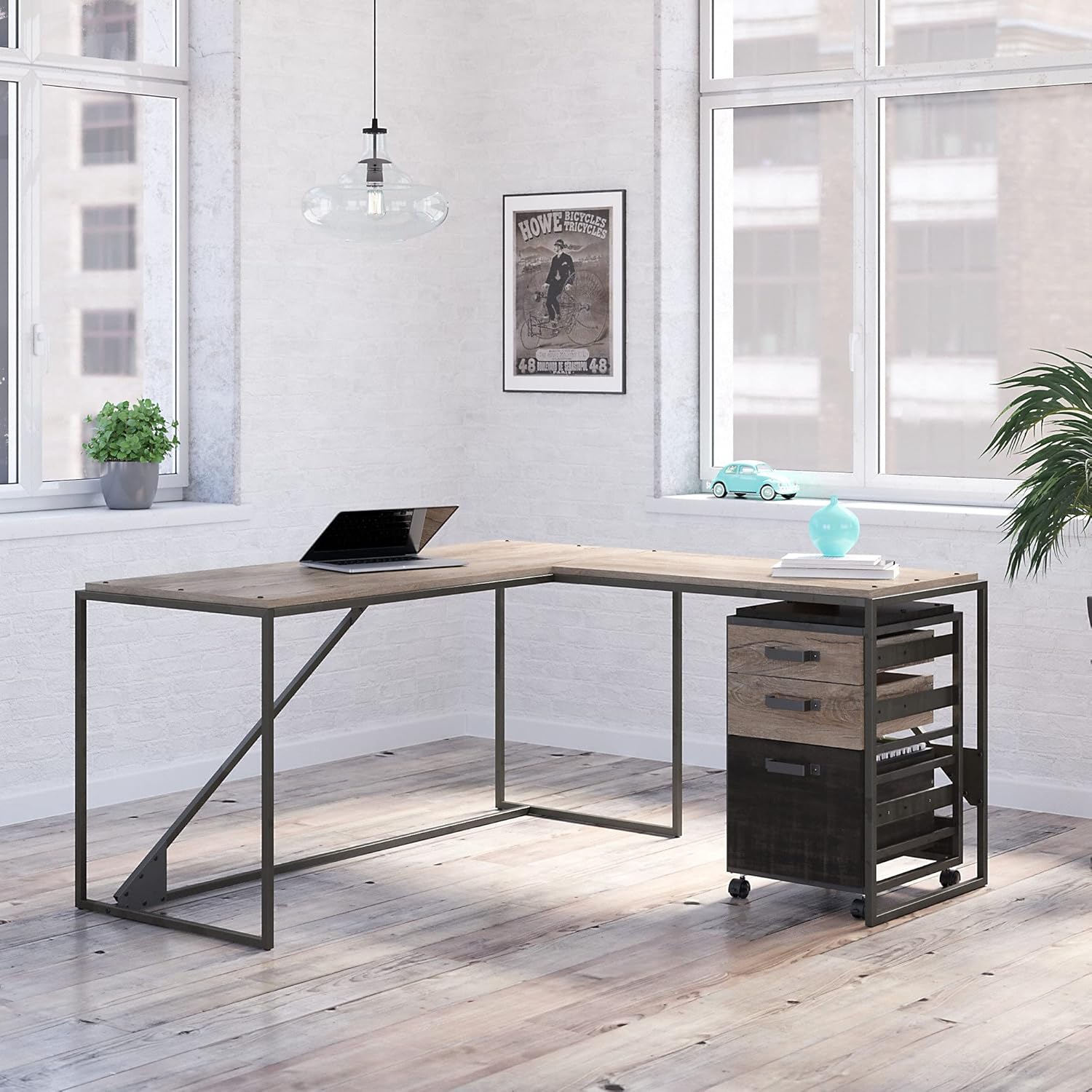 Bush Furniture Refinery L Shaped Industrial Desk with 3 Drawer Mobile File Cabinet, 62W, Rustic Gray
