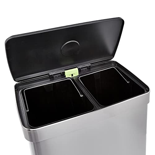 Amazon Basics Rectangular Recycling Trash Can with 2 Compartments, Grey,Silver, 60 Liters