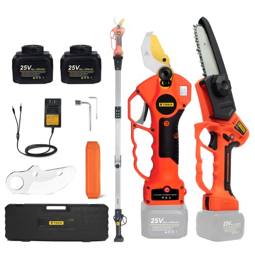 T TOVIA Cordless Electric Pruner Kit, 1.6 Inch Pruning Shears and 5 Inch Handheld Electric Chain Saw with 75 Inch Foldable Extension Pole