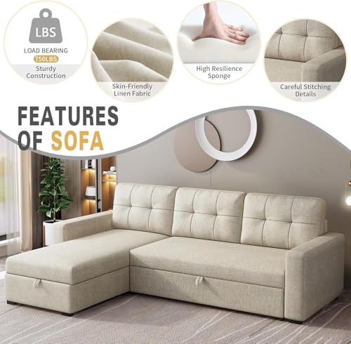 Ball & Cast Convertible Sofa Bed with Reversible Storage Chaise,Linen Sleeper Sofa Couch L Shaped Pull Out Couch Bed