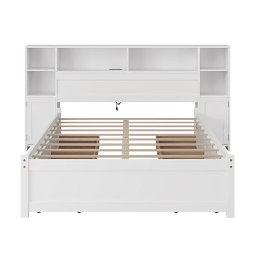 SOFTSEA Twin Size Captains Bed with 6 Storage Drawers and Bookcase Headboard, Wood Twin Storage Platform Bed with USB Ports