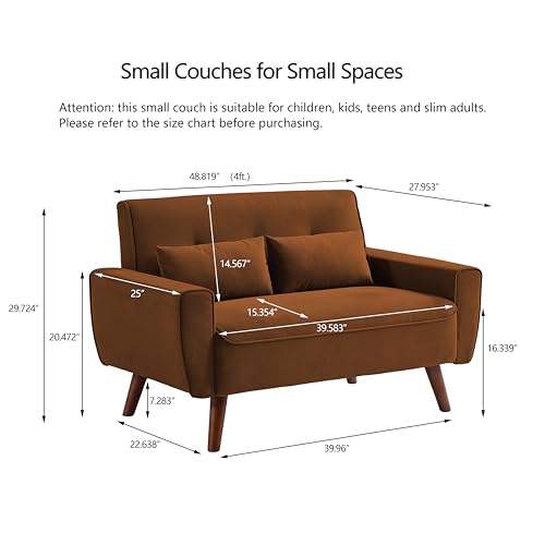 48.8" Small Loveseat Sofa, Mid Century Modern Love Seat Couch with Back Cushions and Wood Legs, 2 Seater Couches for Living Room, Bedroom