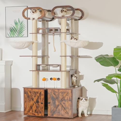 Heybly Cat Tree with Litter Box Enclosure, 76.8-inch Wooden mainecoons Cat Tower with Food Station,Extra Large Platforms