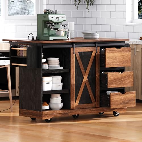 Ball & Cast Farmhouse Kitchen Island with Drop Leaf & Barn Door,Rolling Kitchen Cart on Wheels with Power Outlet,3 Large Drawers
