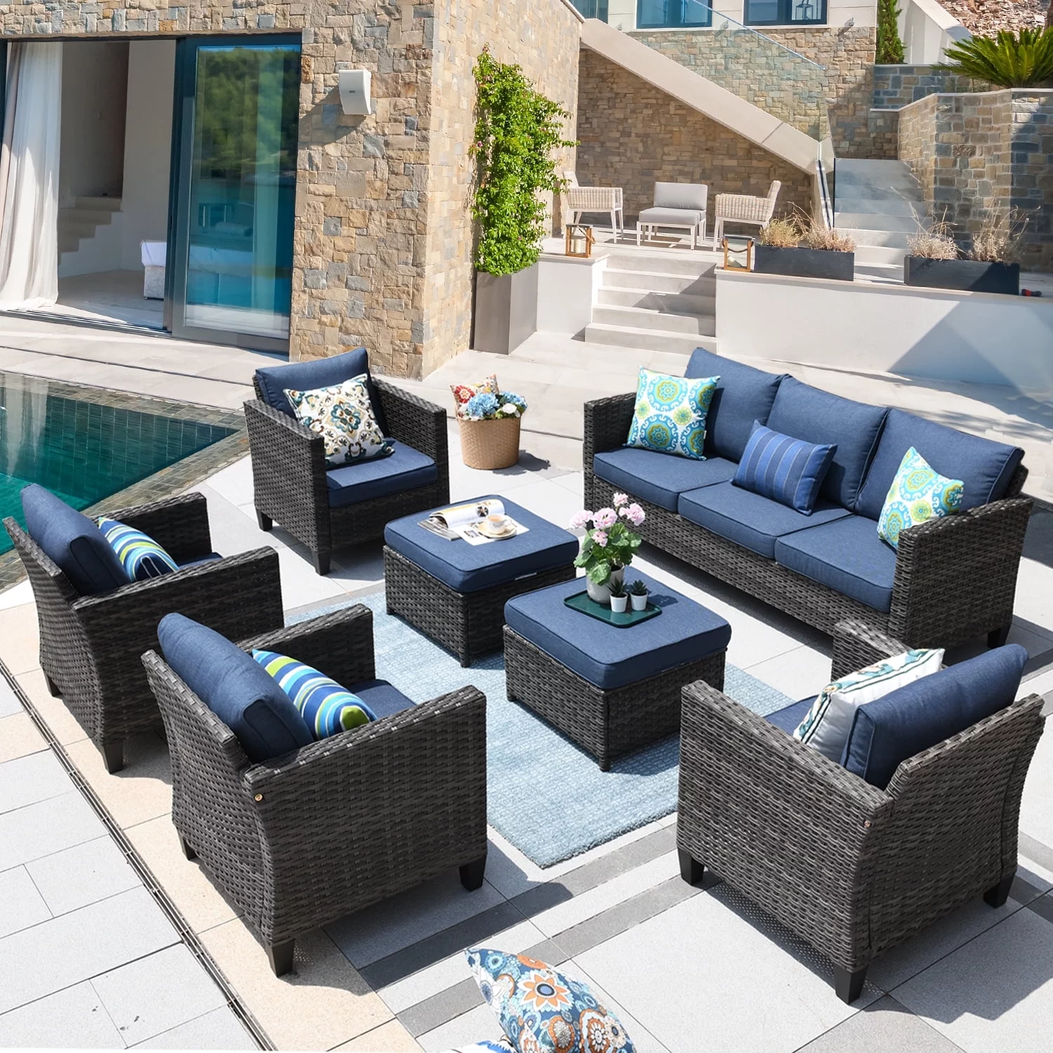 Ovios 7 Pieces Modern Outdoor Patio Furniture All Weather Wicker Conversation Set with Sectional Couch and Ottoman for Backyard - Radiant Selections