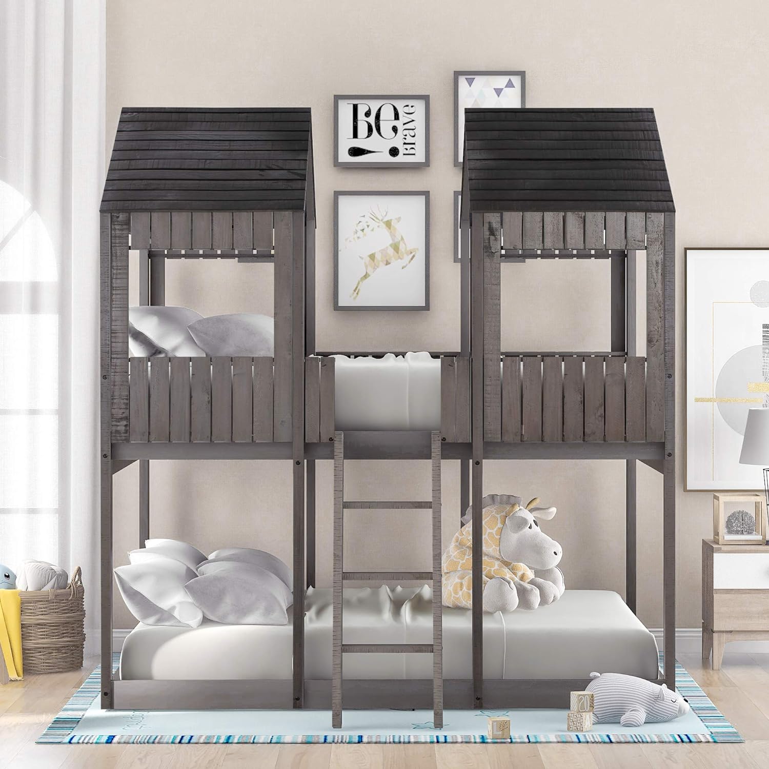House Bunk Bed Full Over Full Size, Wooden House Bunk Beds Frame With Roof And Guard Rail, Floor Bunk Bed Frame For Kids, Teens